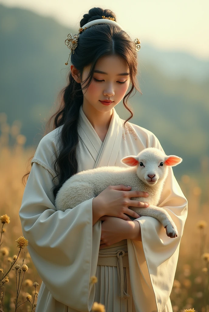 A young Asian shepherdess dressed simply, Long curly hair,Wearing Chinese national costumes,Holding a little lamb in his hands, Symbolizes her connection with nature.
