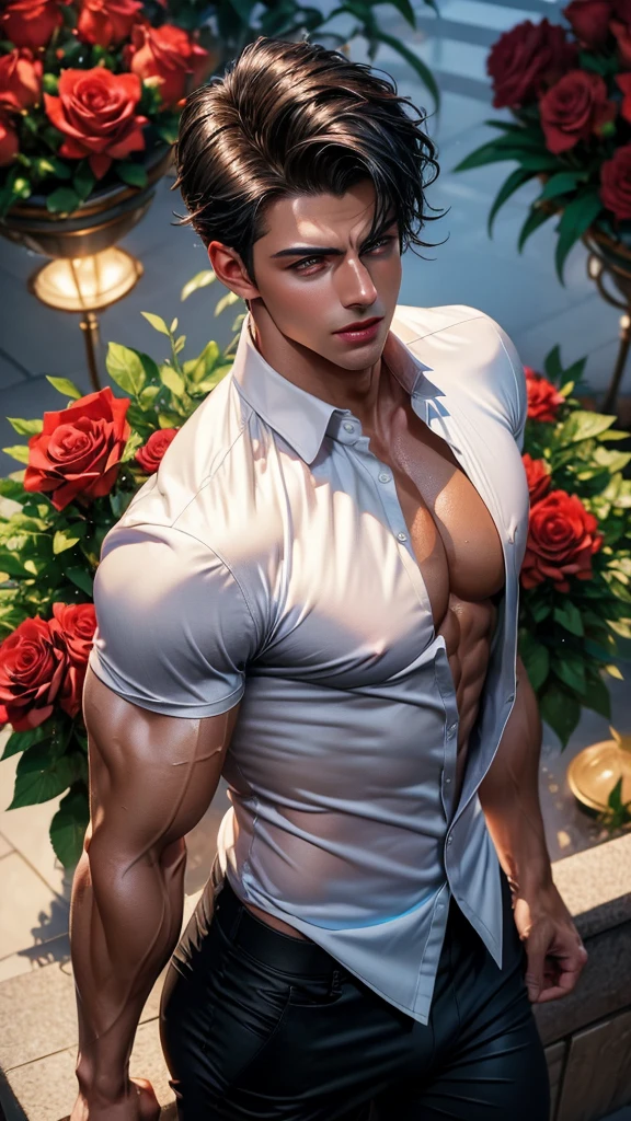 (absurdres, highres, ultra detailed), a strikingly muscular handsome young man, solo, extremely detailed facial features, gorgeous, beautiful, wet, perfect eyes, sexy gaze, (looking at the viewers romantically), perfect body, smooth skin, wide chest, largest breast, extremely large pectorals, big nipples, breathtaking grandeur, (toned physique: 1.5), (a hot gleam: 1.5) in his skin, mature, (white shirt and black pants, bulge: 1.2), verious red and pink roses around him, the man is standing comfortably in the roses, from directly above, model pose, colorful, artistic, depth of field, focus on his calm facial features, elegant look, (full body view), sexy posture,
