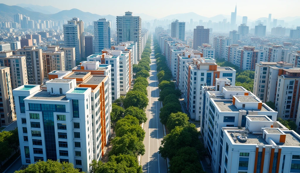 Description for the image:
vista: aerial sky Location: Main avenue of the city of Mollendo.
buildings: Two rows of residential buildings, located on both sides of the avenue. There are 8 buildings on the left side and 8 on the right side..
Design of buildings: Each building has a different architectural design,
On the avenue there are buildings of :
residential office hotel bank. etc. 
Color of the buildings: white, white con lineas azules, mirror, white y lineas naranjadas oscuras.
Height: Each building is approximately 100 meters high and has around 28 floors..
Trees and path: Includes trees along the avenue and on the central path.