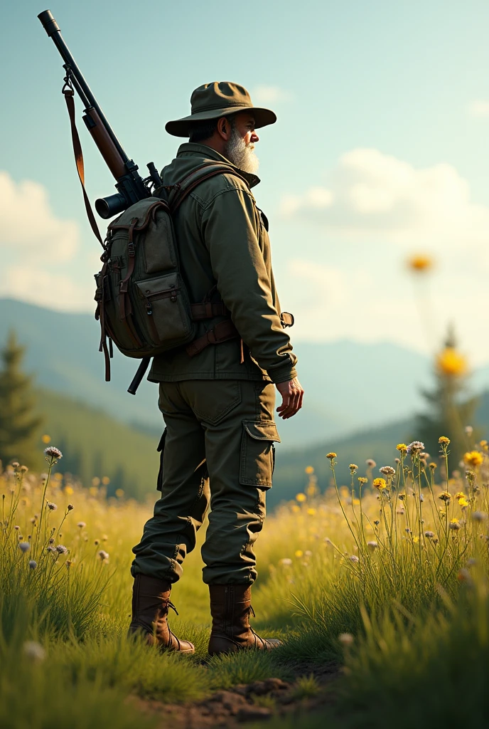Mobile wallpaper of a hunter with a rifle on his back in a beautiful field and in hunting clothes