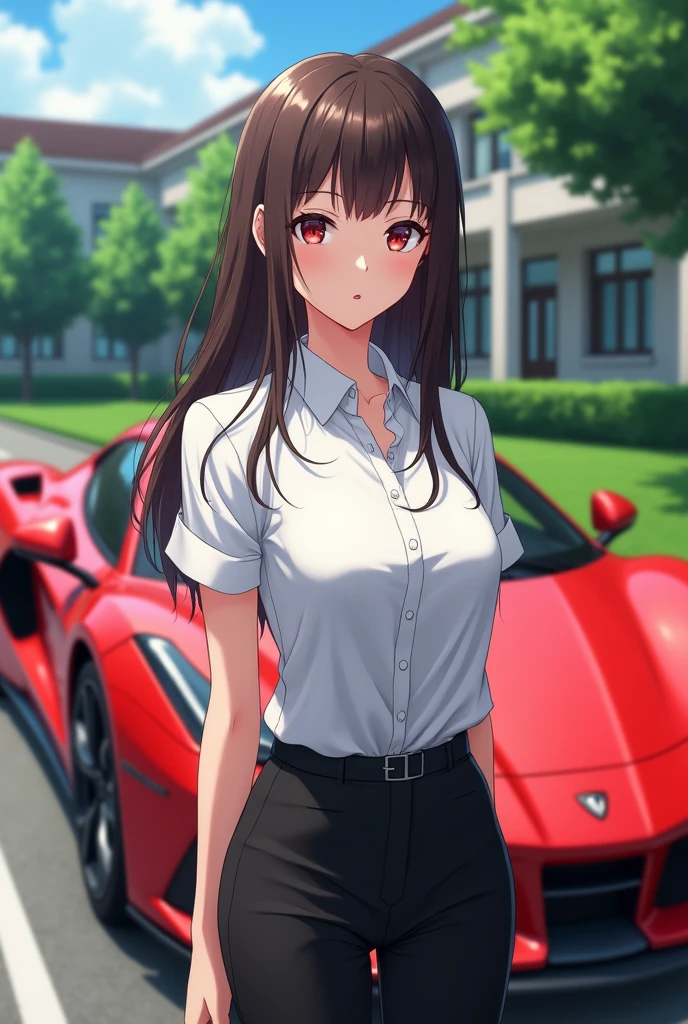 anime-girl, {{1 girl}}, Long hair, dark brown hair, Red eyes, white button-down shirt, Black pants, (Extremely detailed CG:1.4), Very detailed faces, School background, stay in the school yard, red sports car