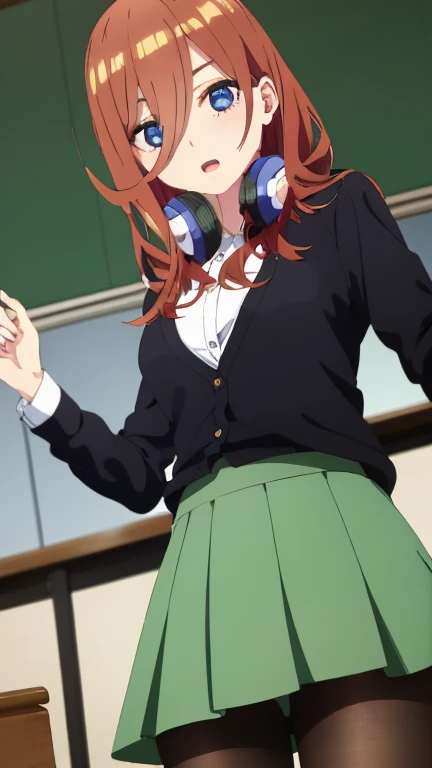 score_9, score_8_up, score_7_up, source_anime, mikunakano, miku nakano, long hair, bangs, blue eyes, brown hair, shirt, hair between eyes, headphones, cardigan, headphones around neck, skirt, shirt, long sleeves, white shirt, pantyhose, pleated skirt, black pantyhose, cardigan, green skirt, blue cardigan, indoors, classroom, looking at viewer, cowboy shot, dutch angle,
