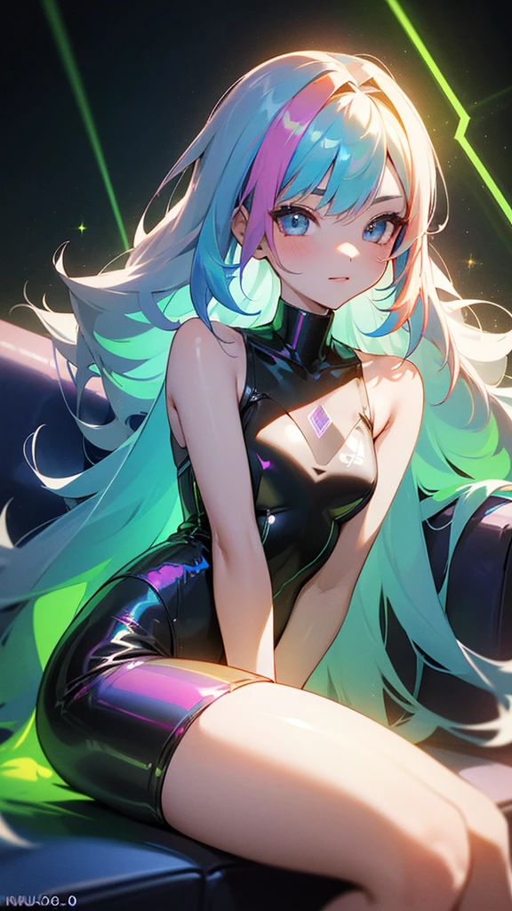 1girl, idol, cute, holographic costume, sleeveless, holographic and wave long hair.break, game icon institute, ((glistening hair, multicolor, graduated color hair:2.0 laser)), sitting on sofa lighting in studio taking pictures, white background