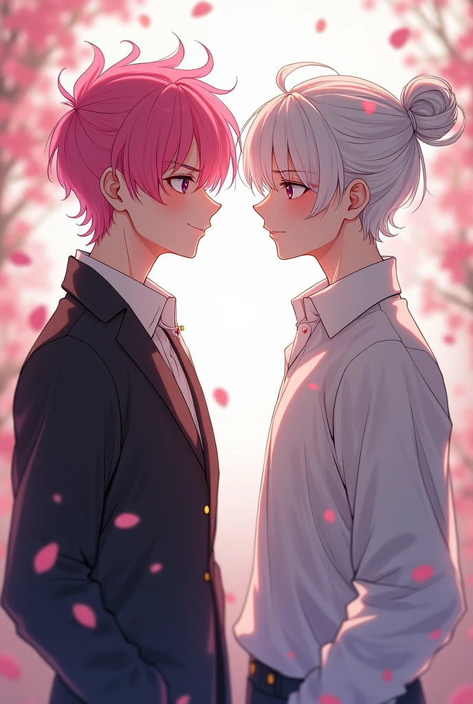 create a young man with pink hair who meets another young man with white hair tied up anime fanart art well done