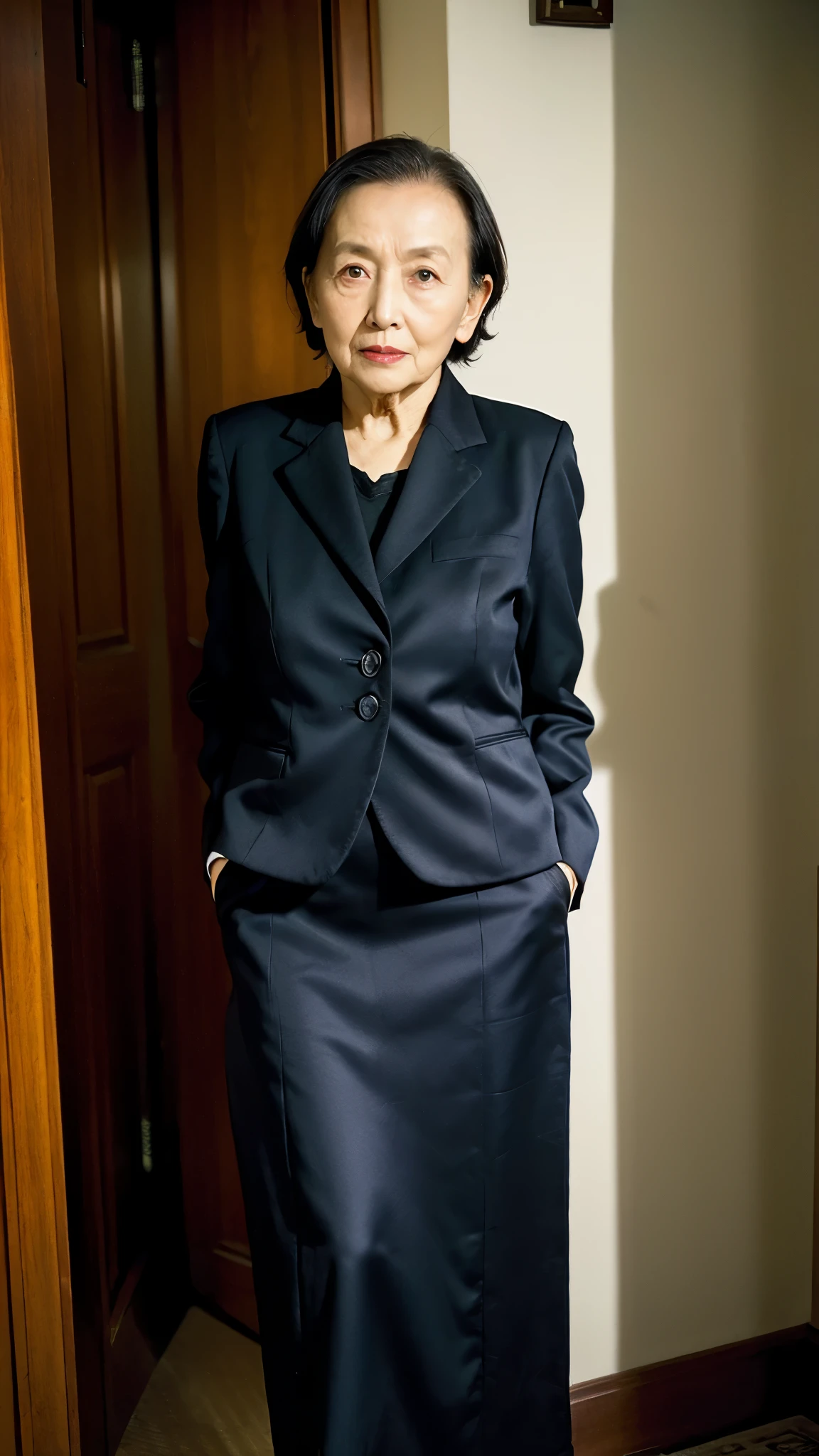 masterpiece, ((Depth of written boundary)), 32K, Beautiful finish, Medium Shot, Dutch Angle, Beautiful mature woman, 80-year-old woman, Photo of your ID, Business operator, director, View from the front, A look of resignation, Cool look, Red lips, Thin lips, suit, Tight Skirt, Light from the front,