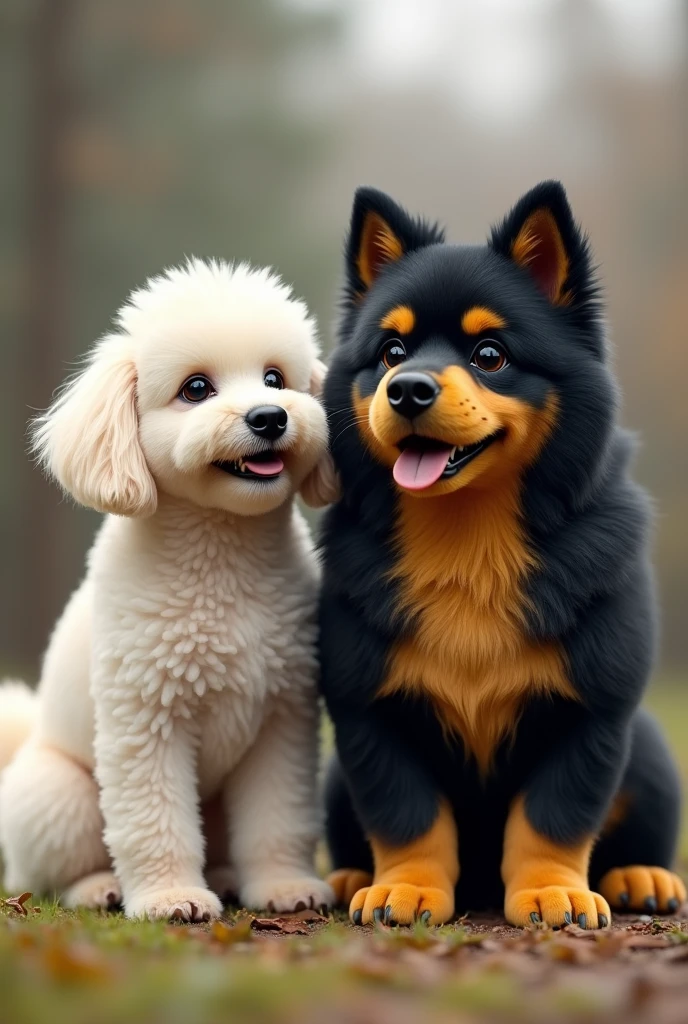 Believe me, two realistic dogs, one white poodle called Marley, next to him a black chin with a yellow chest and legs, very similar to the friar&#39;s dog from the Futurama series, the one on the right is a little bigger and more like a cross with a naucer
