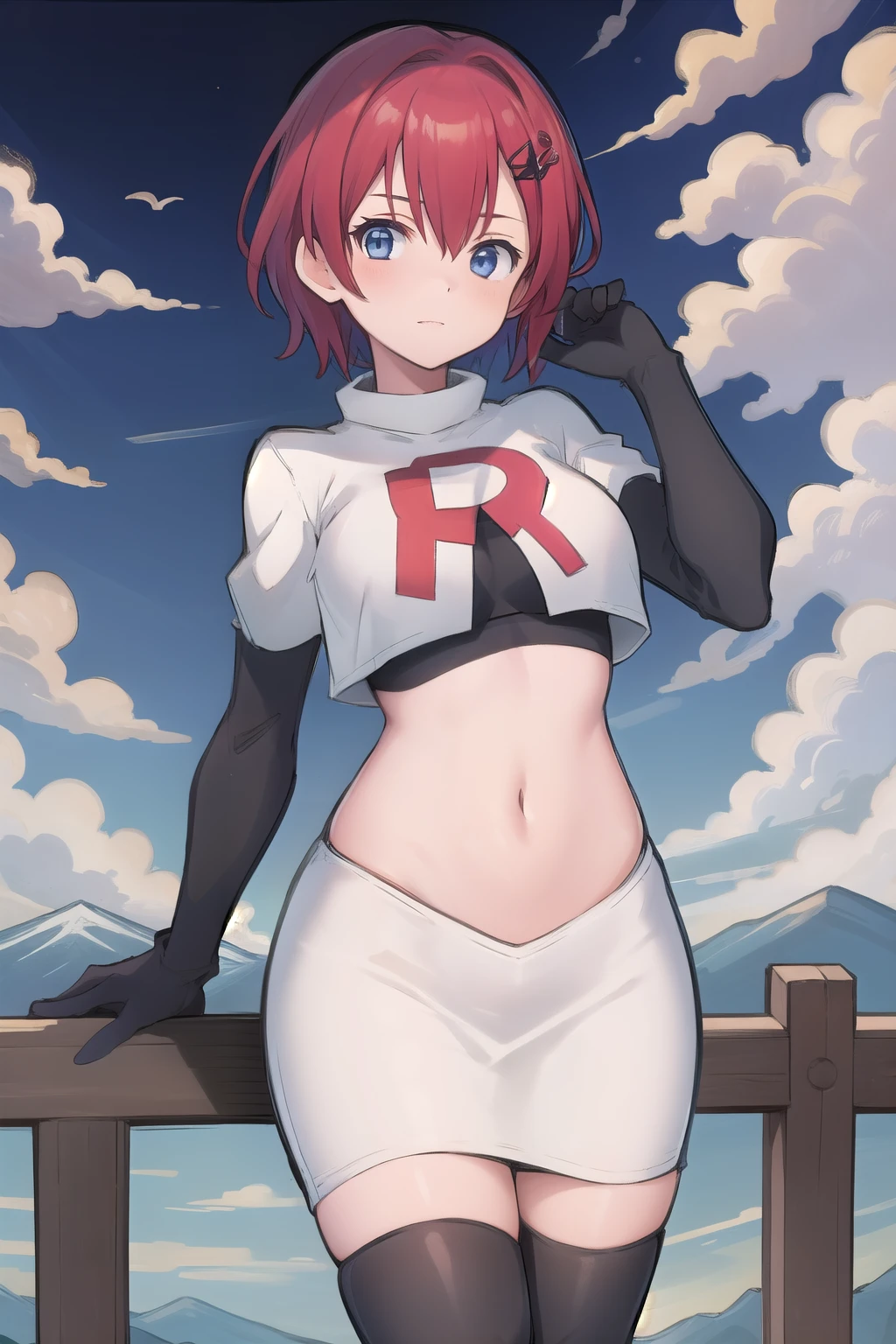 best quality, (masterpiece:1.2), illustration, absurdres, (1girl, solo, beautiful detailed girl),
Emily, short hair, red hair, hair ornament, hairclip, blue eyes, medium breasts,
garrison cap, team rocket,team rocket uniform,white skirt,red letter R,crop top,black thigh-highs,black elbow gloves,
field, sky, clouds, distant mountains,
looking at viewer, 