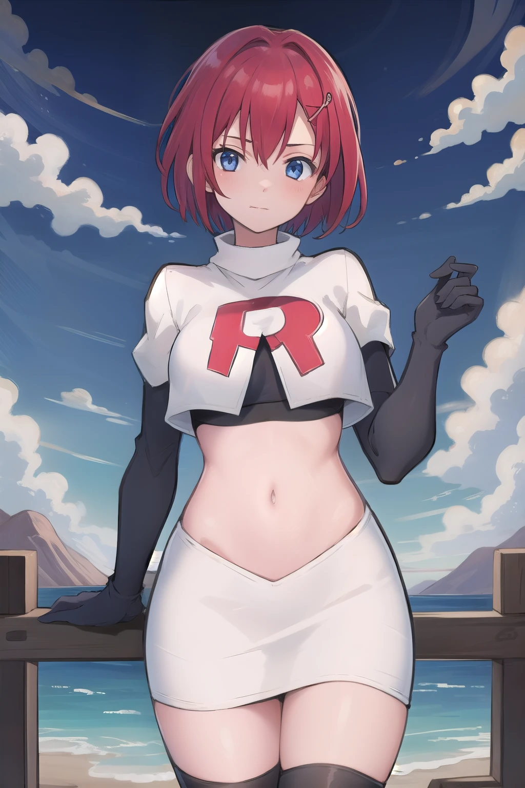 best quality, (masterpiece:1.2), illustration, absurdres, (1girl, solo, beautiful detailed girl),
Emily, short hair, red hair, hair ornament, hairclip, blue eyes, medium breasts,
garrison cap, team rocket,team rocket uniform,white skirt,red letter R,crop top,black thigh-highs,black elbow gloves,
field, sky, clouds, distant mountains,
looking at viewer, 