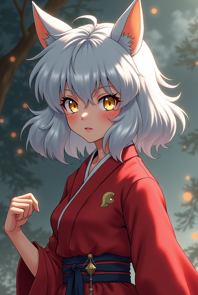 Girl with golden eyes, short white hair to her shoulders with ears like Inuyasha's, a crescent moon mark next to her right cheek, Inuyasha's clothes from ancient times like in the anime, and an attitude like Inuyasha's.