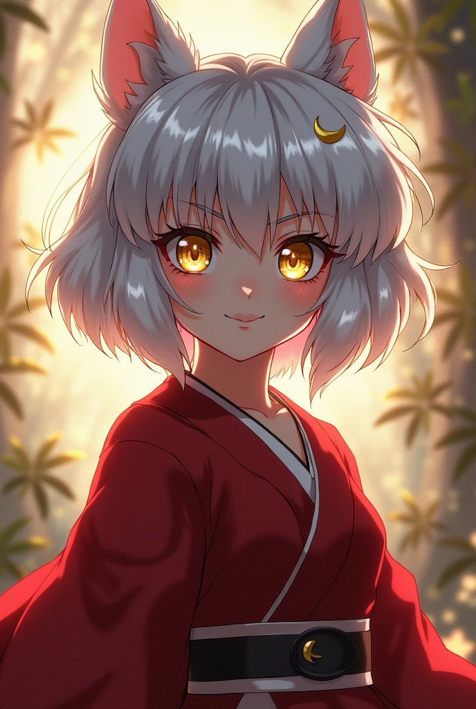 Girl with golden eyes, short white hair to her shoulders with ears like Inuyasha's, a crescent moon mark next to her right cheek, Inuyasha's clothes from ancient times like in the anime, and an attitude like Inuyasha's.