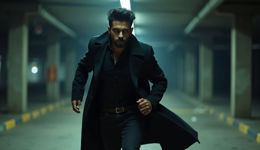 A 25 year old handsome Indian wearing black jeans and black overcoat like a villain is running away from a car parking area.