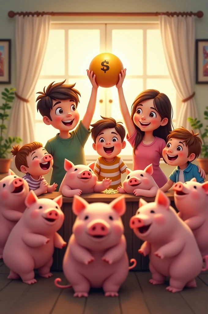 Family of 4 , six pigs , Pick up the lotto ball , good luck , happiness