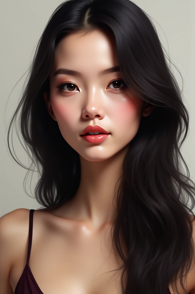 Generate an image of a beautiful woman with long hair, blackw, mouth average size and thickness, nose medium thickness, medium sized eyes, thin face. That it is a realistic image
