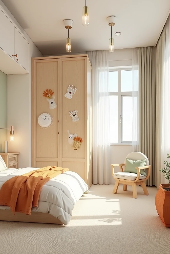 Professional 3d architecture rendering design of modern and   light moss and  so light Thunder and light orange color and  cream and wooden   Modern and minimal  design for chid  bedroom  and light  cream   carpet  with animals painting and white painting wall and light wooden closet with animals painting and modern ceiling lighting and modern curtains for chid room and the child  large bed similar globe and safety chair for chid 