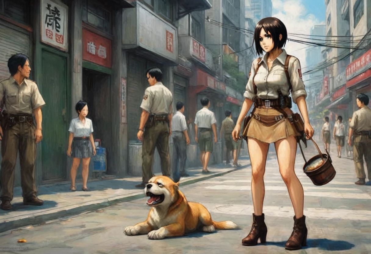 (Attack on Titan) An enormous titan woman (cute maniac face extra huge mouth, dark hair, small pot belly, big butt, painted toe nails) merrily stomps down the streets of Tokyo, she has her mouth open and drooling. The woman (cute, miniskirt, airy blouse, high heels) she wants to eat has fallen and twisted her ankle and is now sobbing on the street. Came is low at the victim looking up at the hungry Titan