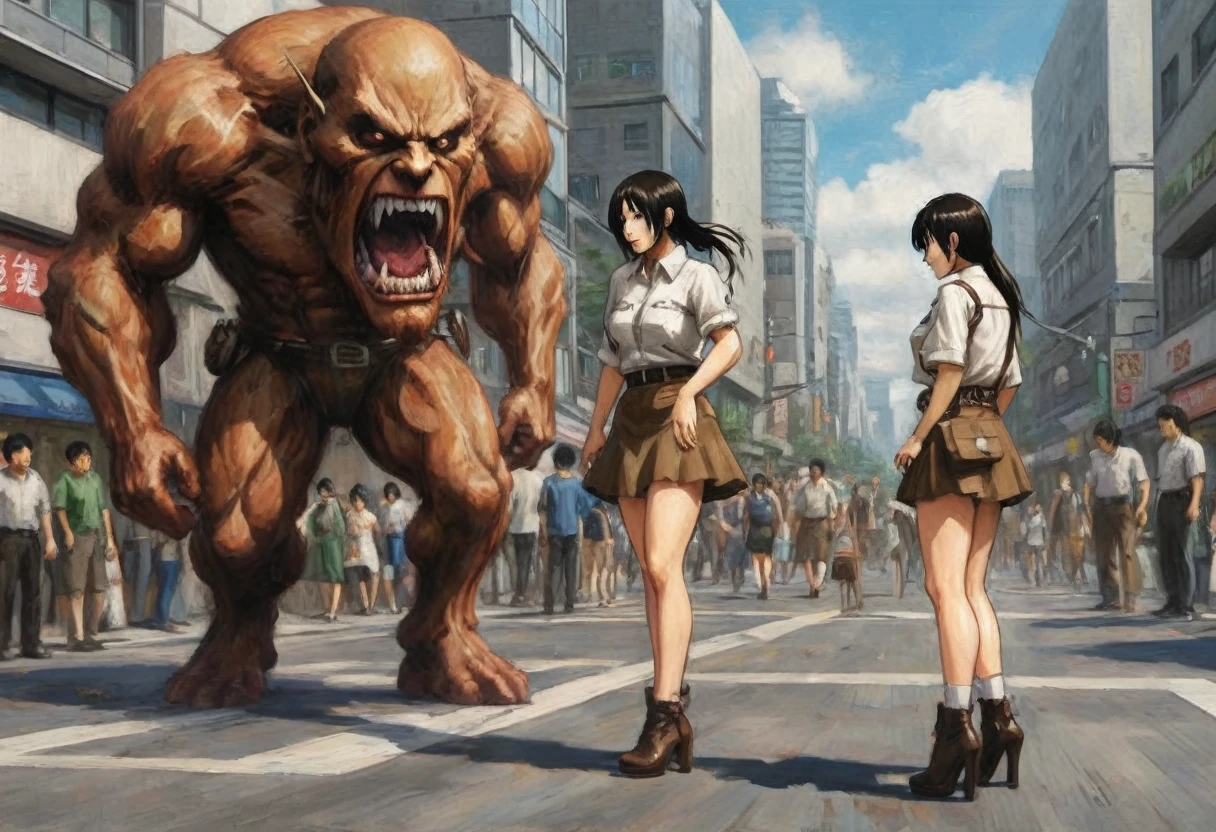 (Attack on Titan) An enormous titan woman (cute maniac face extra huge mouth, dark hair, small pot belly, big butt, painted toe nails) merrily stomps down the streets of Tokyo, she has her mouth open and drooling. The woman (cute, miniskirt, airy blouse, high heels) she wants to eat has fallen and twisted her ankle and is now sobbing on the street. Came is low at the victim looking up at the hungry Titan
