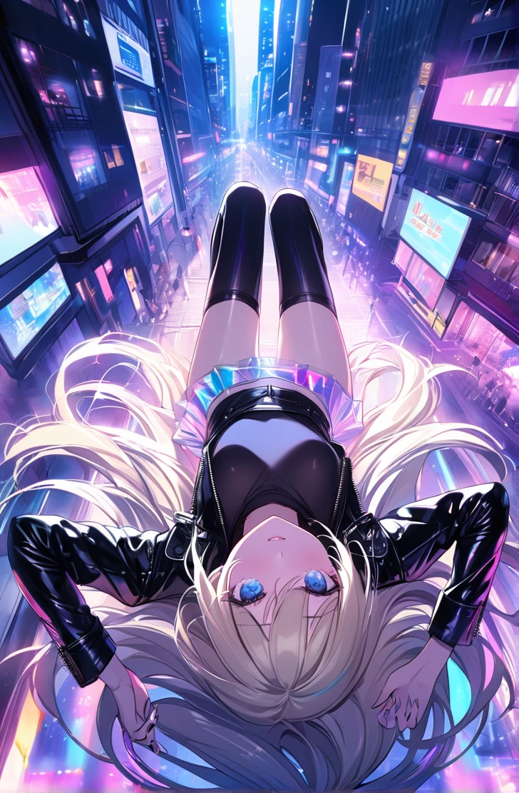 artwork, high quality, detailed background, girl, anime, blonde, long straight hair, light blue eyes,
on her back, wearing long black knee-high boots, transparent iridescent skirt, leather jacket,
in a city, night, colored lights