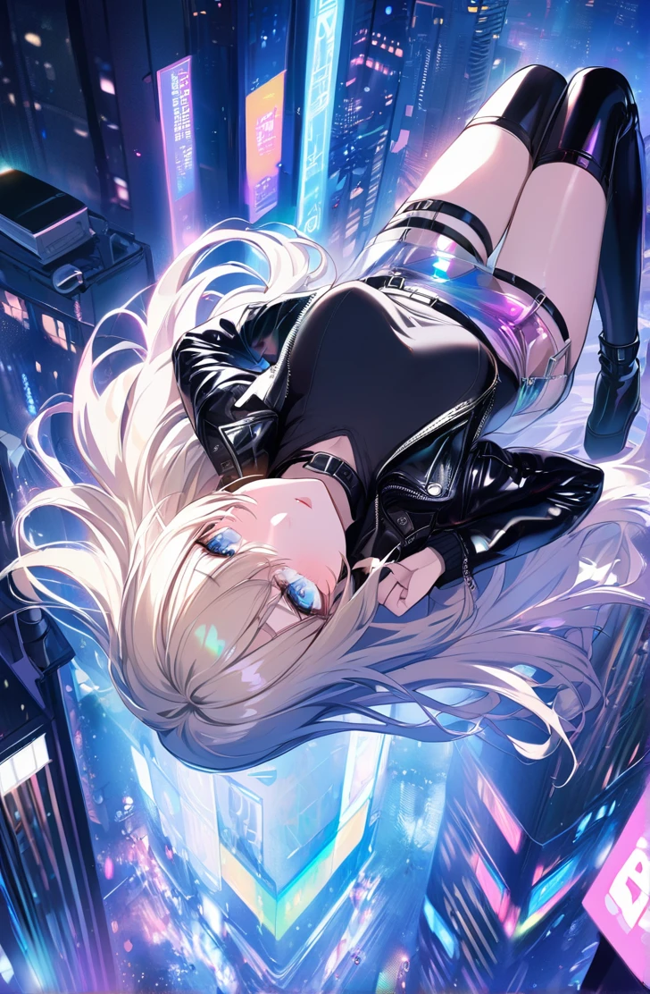 artwork, high quality, detailed background, girl, anime, blonde, long straight hair, light blue eyes,
on her back, wearing long black knee-high boots, transparent iridescent skirt, leather jacket,
in a city, night, colored lights