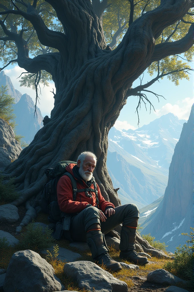 A male mountaineer resting under a big creepy tree