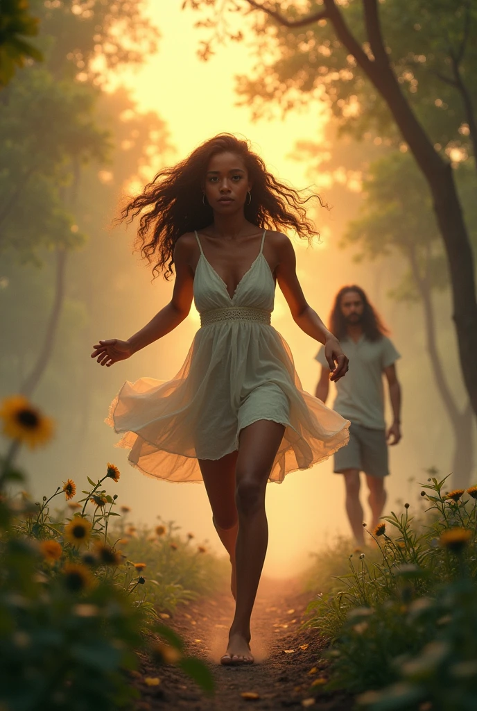 a young dark black woman, the medium thick build, dark coffee laughs, white light dress, barefoot, with sea-colored eyes that stand out, running through a foggy but beautiful forest. Her skin shines in the sunset. Behind her is a young white man, pale, haggard, But very handsome, with long black hair, looking at her with admiration while smoking.