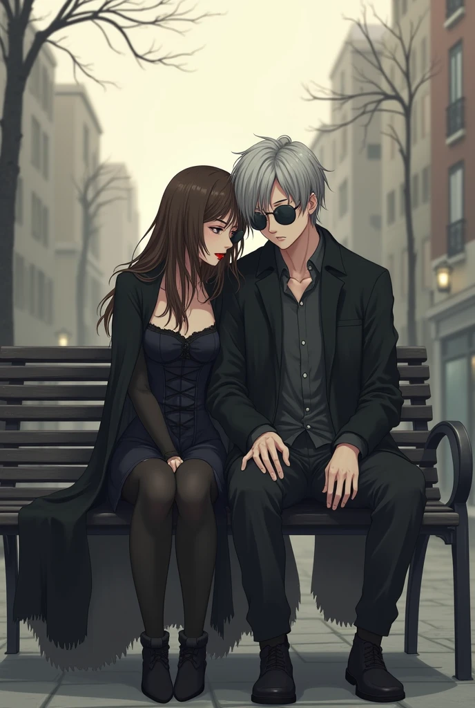 mature woman, pretty, white, long brown hair with bangs, com olhos castanhos, red lipgloss stick, round eyeglasses, wearing a black cape, espartilho preto, Black Skirt, black tights and black boots, is sitting sadly looking down and leaning her head on an adult man, mellow, sitting next to you, bonitas, offwhite, Short straight silver hair with bangs, light blue eyes, round sunglasses, on a bench in a square on a cloudy day, anime styling