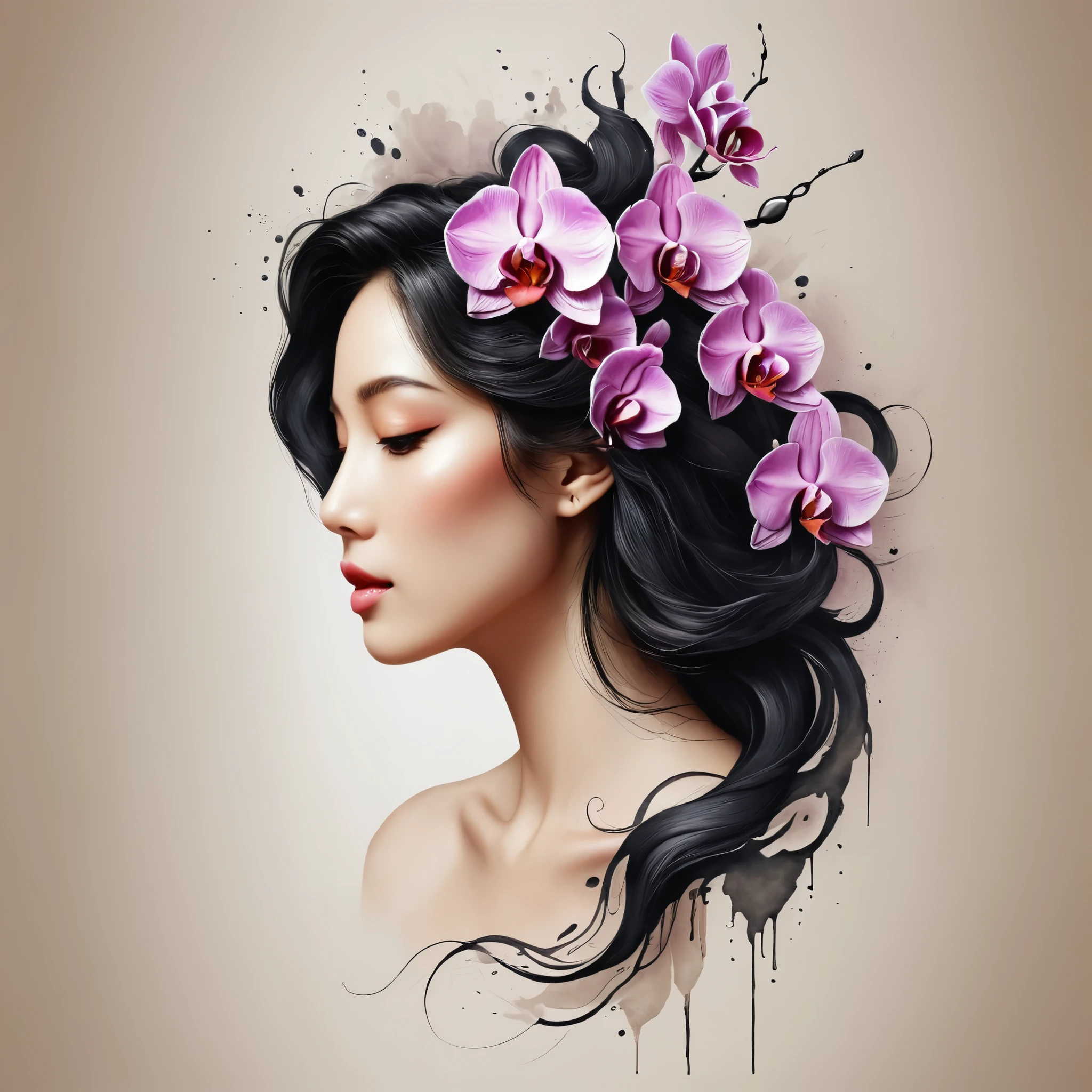 modern minimalist art，（Close-up of woman with orchid tattoo on neck）,This woman has a beautiful face，black hair long，（Orchid tattoo pattern on neck：1.3），Illustrates??the one with the flowing hair，fair face， Scrawny, gorgeous eyes， elegant digital art, beautiful digital illustrations, beautiful character painting,
