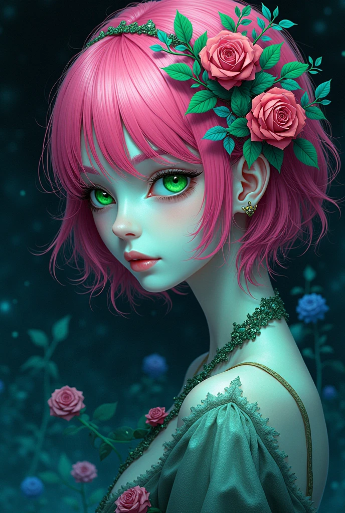 (abstract art:1.2), fractal art, psychedelic art, (style of Yuko Shimizu:1.1), red theme, dark theme, 1girl, roses, hair ornament, somber expression, dark blue accent, masterpiece, best quality, ultra high res, award-winning art, highly detailed, beautiful, aesthetic, ((Mitsuri Kanroji)), pink hair, green highlights, ((green eyes)),