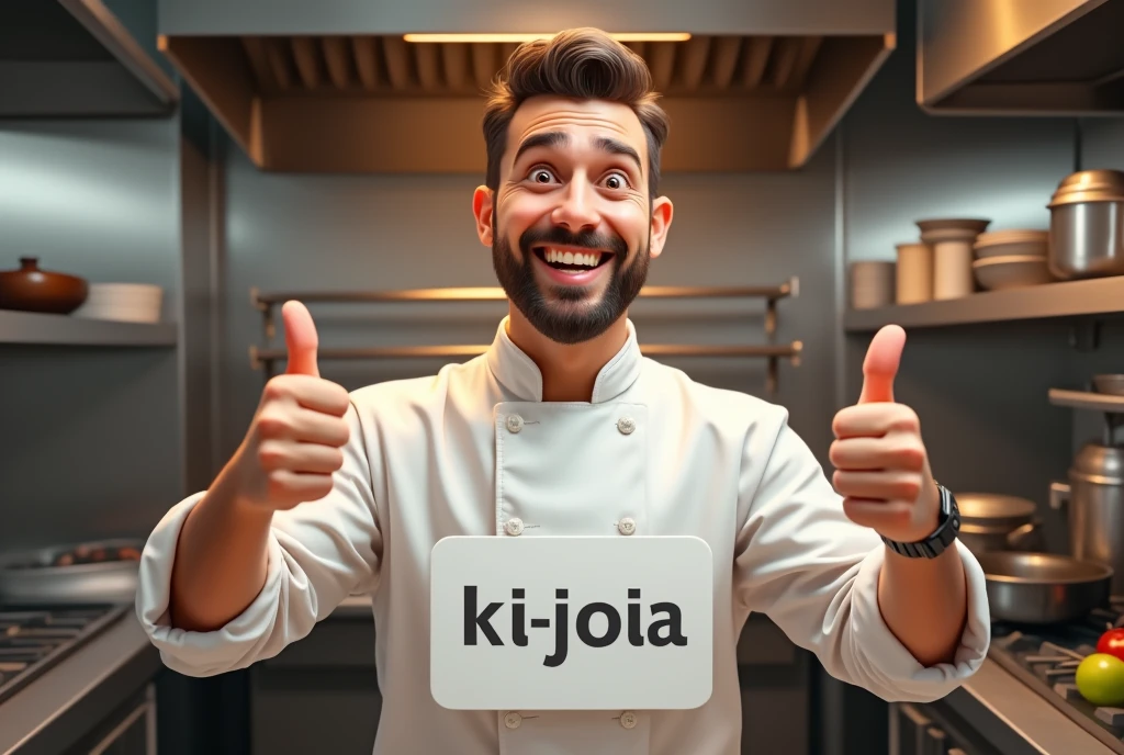realistic image of a smiling chef making the thumbs up sign and holding a sign with the inscription "Ki-Joia" In the other hand