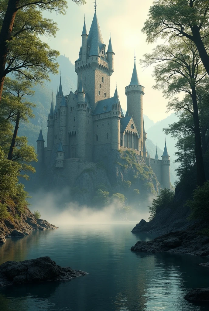 The image shows an imposing, medieval-looking castle., Located in a mystical and charming natural environment. The castle stands majestically in the middle of a dense forest, surrounded by tall trees that seem to guard it. The architecture of the castle is impressive, with numerous towers and battlements rising towards the sky, each ending in a sharp point. The stone walls of the castle have a greyish tone that gives it an ancient and robust appearance..
The castle is surrounded by a calm body of water, gently reflecting its structure on the surface. The water is clear and calm, creating a peaceful and magical environment. In the foreground, You can see some rocks and branches emerging from the water, adding detail to the landscape.
The light that passes through the treetops is soft and golden, creating sun rays that partially illuminate the castle and the water, giving it an ethereal and mysterious touch. The light mist enveloping the base of the castle and the trees in the background contributes to the enigmatic atmosphere of the scene..
On the whole, The image evokes a fairy tale feeling, with the lonely castle in the middle of the forest, as a place full of secrets and magic, removed from the modern world and full of history.