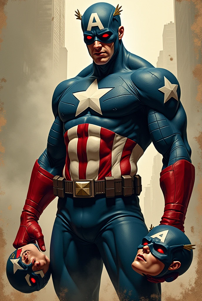 American patriotic Superman with red eyes and a body  and with a head in his hand 