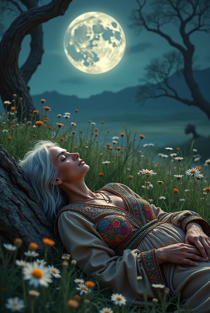 67 year old bohemian hippie woman sleeping in the light of the full moon