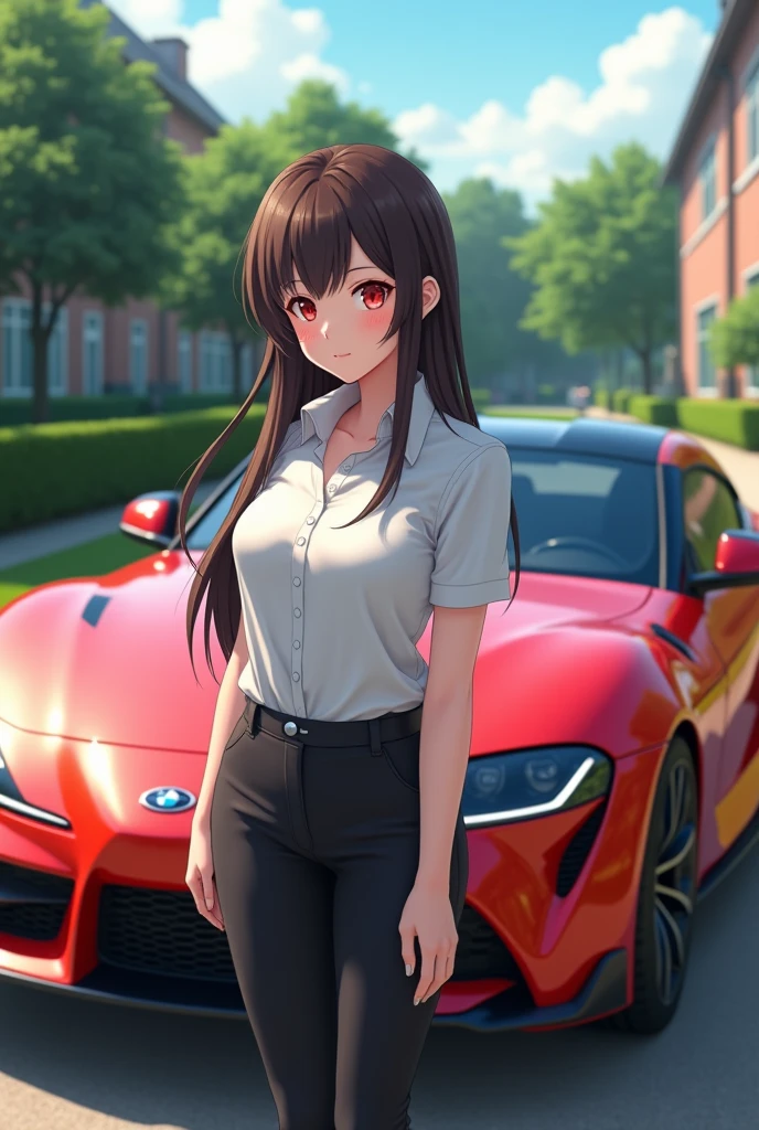 anime-girl, {{1 girl}}, Long hair, dark brown hair, Red eyes, white button-down shirt, Black pants, (Extremely detailed CG:1.4), Very detailed faces, School background, stay in the school yard, red sports car