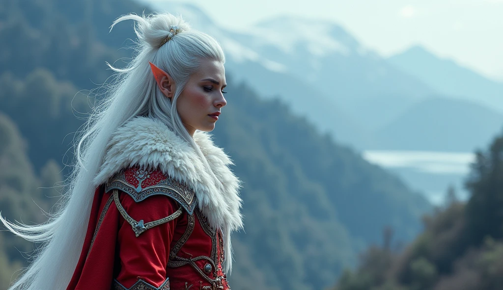 Slovenia as a european League of Legend sexy male creature in white, ultramarine blue and red colors. Intricated clothing. Cinematic Fantasy sci-fi landscape background