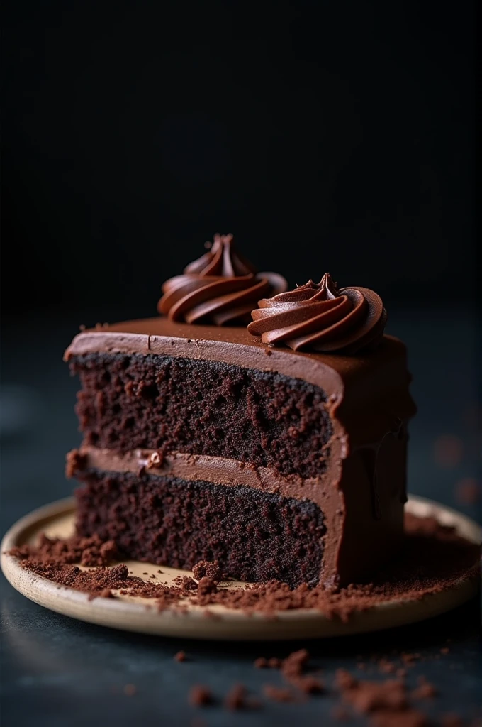 cinematic film still chocolate, chocolate cake, dark background, quality photo, moist texture, frosting, studio photo, slice . shallow depth of field, vignette, highly detailed, high budget, bokeh, cinemascope, moody, epic, gorgeous, film grain, grainy