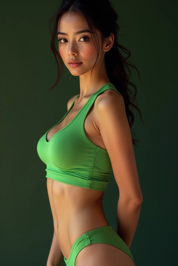 skull, clavicle detail, (best quality detail: 1.2), realistic, 8K ultra-fine, high quality texture, fine texture, fine detail, high detail, extremely detailed CG, high quality shadows, beautiful and delicate eyes, , beautiful woman, smaller breasts, tall, blurred background, lime-colored gym clothes,