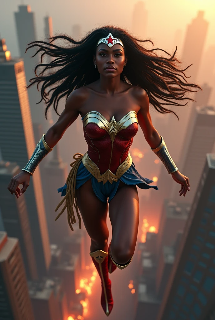 A beautiful black-skinned woman under the mantle of the Amazon warrior Wonder Woman long black hair Dreadlocks Silver-colored diaema with a red star Long golden bracelets Red boots flying over the city skyscrapers and burning buildings