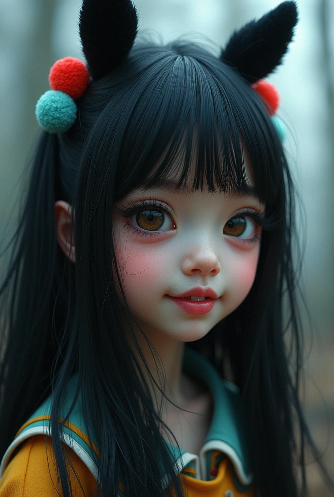 black hair, hair bobbles, wince, longeyelashes, solid circle eyes, fake animal ears, light smile, ear blush, fang, ccurate, Surrealism, drop shadow, anaglyph, stereogram, tachi-e, pov, atmospheric perspective, 8k, super detail, best quality