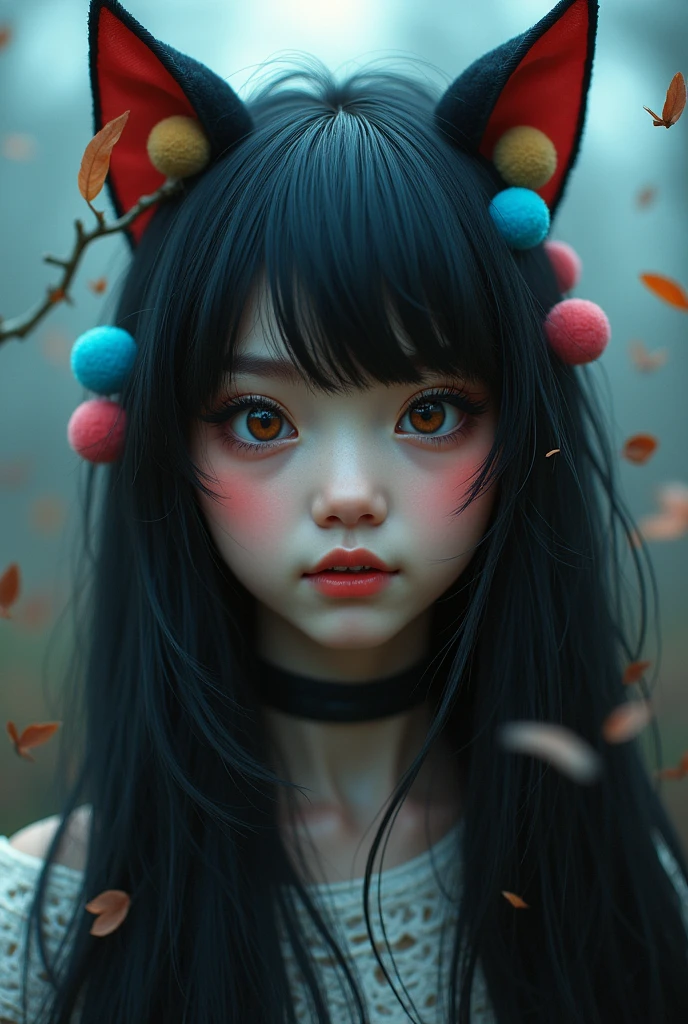 black hair, hair bobbles, wince, longeyelashes, solid circle eyes, fake animal ears, light smile, ear blush, fang, ccurate, Surrealism, drop shadow, anaglyph, stereogram, tachi-e, pov, atmospheric perspective, 8k, super detail, best quality