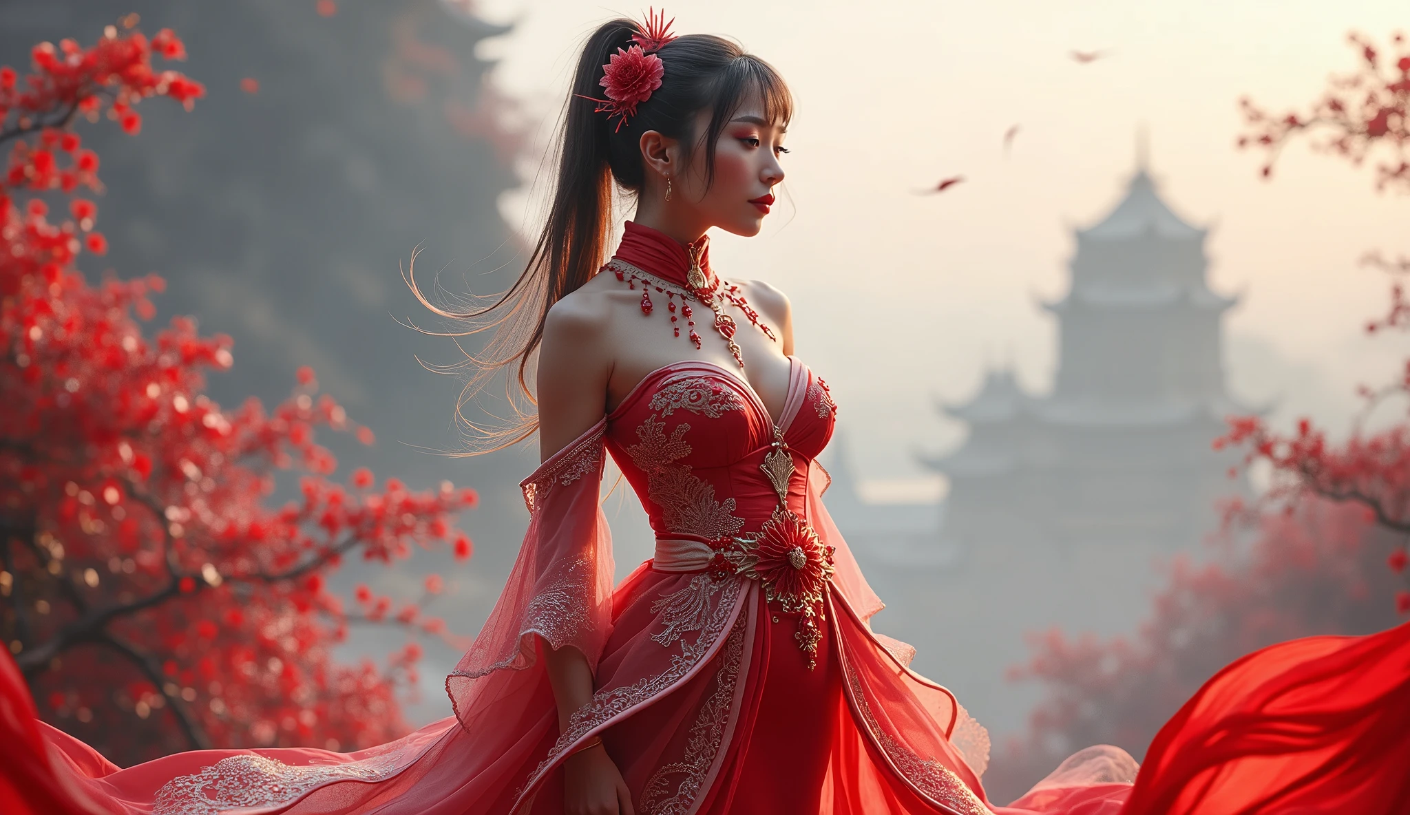 Singapore as an asiatic modern ellegant League of Legend curvy sexy female creature in carmine red and white. Intricated clothing. Cinematic Fantasy sci-fi landscape background