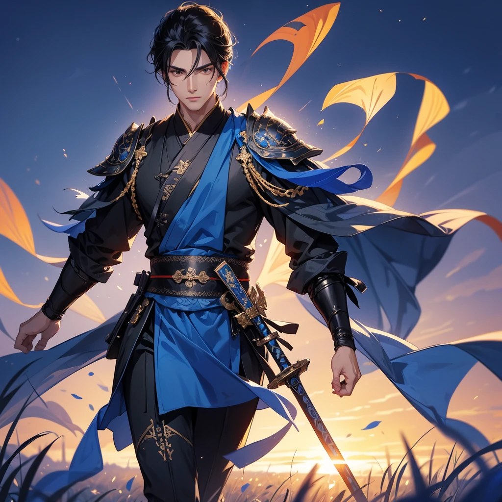 Handsome black-haired male holding a large sword in black ancient Chinese costume, strolling among by the nemophila fields glowing blue, sunset, close up.