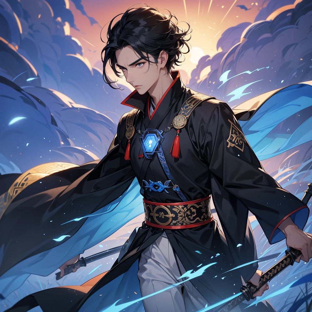 Handsome black-haired male holding a large sword in black ancient Chinese costume, strolling among by the nemophila fields glowing blue, sunset, close up.