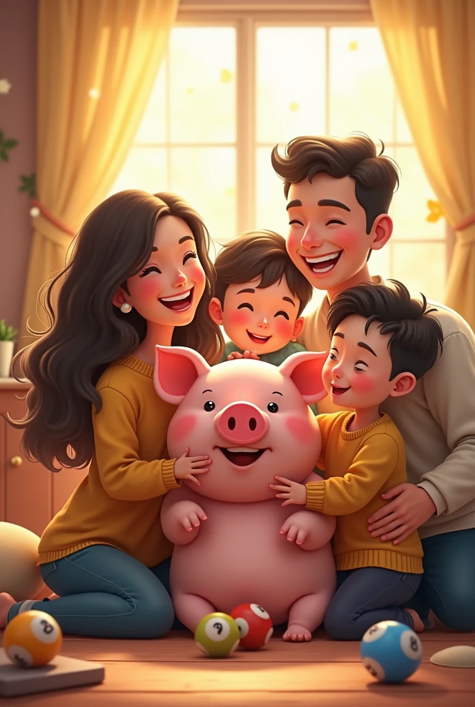 Family of 4 , pig , 6 lotto balls , good luck , happiness