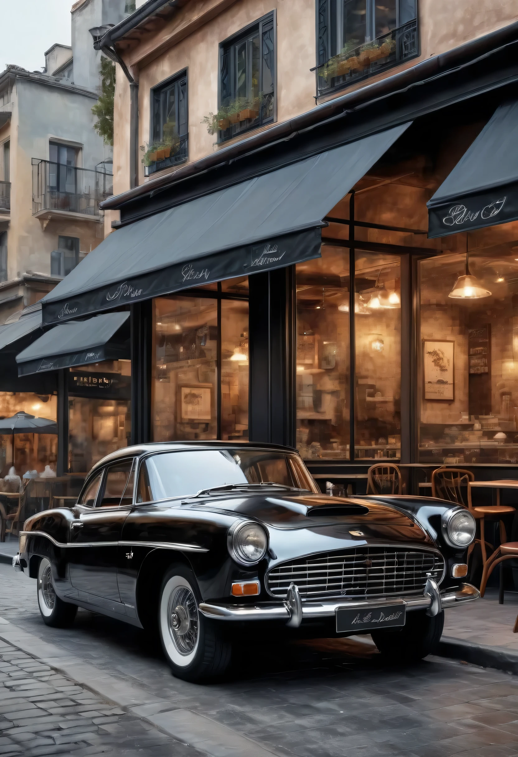   ( perfect anatomy )masterpiece, Exquisite, delicate, fresh and elegant aesthetic style airbrush digital oil painting exquisite artwork creates a refreshing morning coffee shop scene photo，

                  black classic car(Unique style)Close-up of a black classic car( perfect anatomy ) Elegantly parked on the street next to a coffee shop.coffee shop scene masterpiece,

                             Very detailed, Realistic original photos, Best film quality, Extremely fine texture, High-quality work by a master artist
