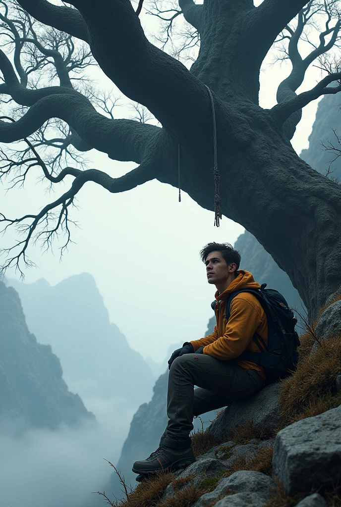 A young male mountain climber rests under a big creepy tree