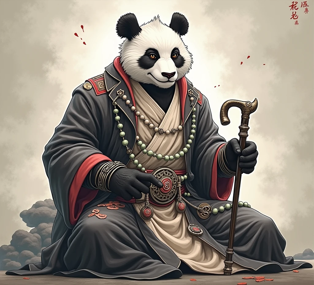 (masterpiece, top quality, best quality, official art,beautiful and aesthetic:1.2),(4k,8k, best quality,masterpiece:1.2),(((white background))), solo,Game character, the panda person, a game character inspired by pandas, wearing a black and white robe, adorned with a jade bead necklace and bracelet, viewed from multiple angles including back view and side view, holding a cane. The structure is clear and accurate, with a modern realistic representation and consistent lighting that looks natural and believable.