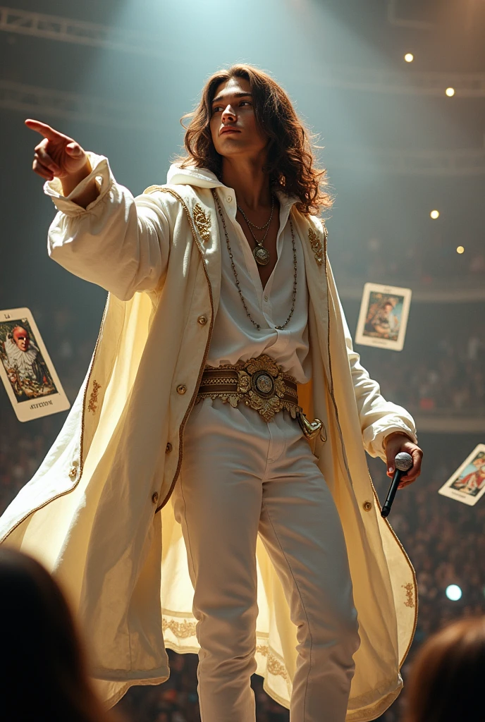 artwork best quality handsome american male ager long brown hair light skin with white cape and hooded coat on head with gold details white long sleeve shirt and white pants underneath intricate details singing holding a microphone seen from afar pointing at the audience at a concert with details uhq details tarot cards flying around him 8k