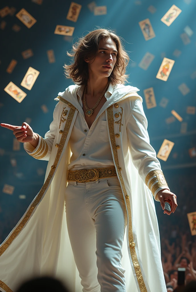 artwork best quality handsome american male teenager long brown hair light skin with white cape and hooded coat on head with gold details white long sleeve shirt and white pants underneath intricate details singing holding a microphone seen from afar pointing at the audience at a concert with details uhq details tarot cards flying around him 8k