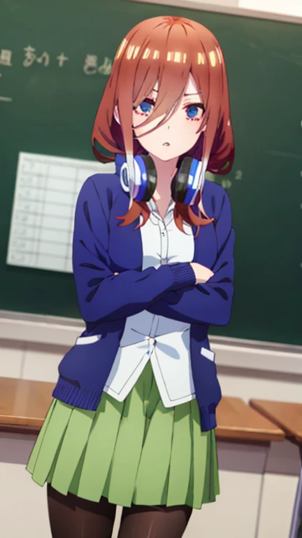 score_9, score_8_up, score_7_up, source_anime, mikunakano, miku nakano, long hair, bangs, blue eyes, brown hair, shirt, hair between eyes, headphones, cardigan, headphones around neck, skirt, shirt, long sleeves, white shirt, pantyhose, pleated skirt, black pantyhose, cardigan, green skirt, blue cardigan, indoors, classroom, looking at viewer, cowboy shot, dutch angle,
