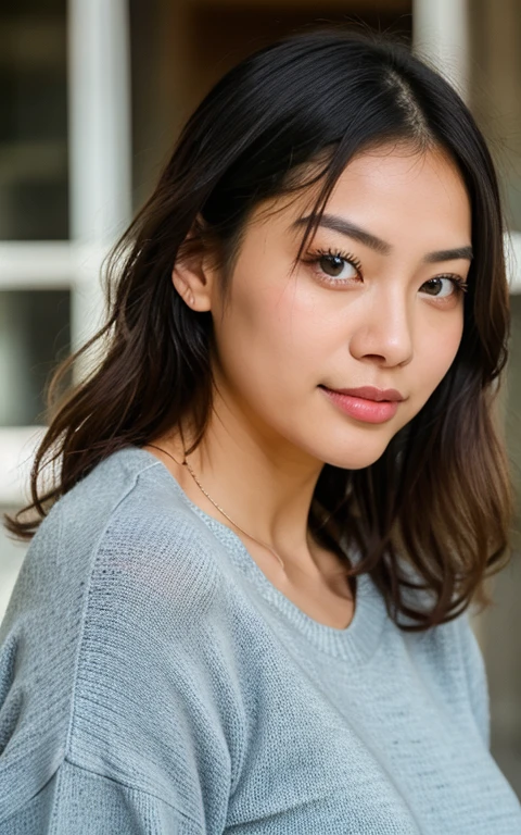 Asian woman in sweater, Chinese mainland descent, Very detailed, , Innocent face, Natural Curls, blue eyes, high resolution, masterpiece, Best quality, Intricate details, Very detailed, Sharp focus, Delicate skin, Practicale Hauttextur, texture, Delicate eyes, professional, 4K, Charming smile, Shot with Canon, 85 mm, Optical Depth of Field, Kodak Vision Color, Perfect fit, Very detailed, photo_\(Extremists\), fotoPractical, Practical, Post-Processing, Maximum details, Roughness, real life, ExtremistsPractical, photorealismus, photografie, 8K Ultra HD, photografie