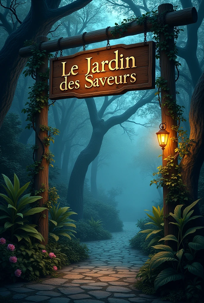 that same image, but that the top part says Menu and that it also says Le Jardin des Saveurs. Let it be an image of a dark but magical garden